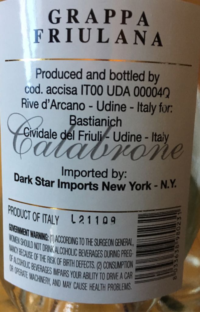 Grappa Friulana Calabrone - Bastianich (750 mL) alcohol collectible [Barcode 8033638980231] - Main Image 2