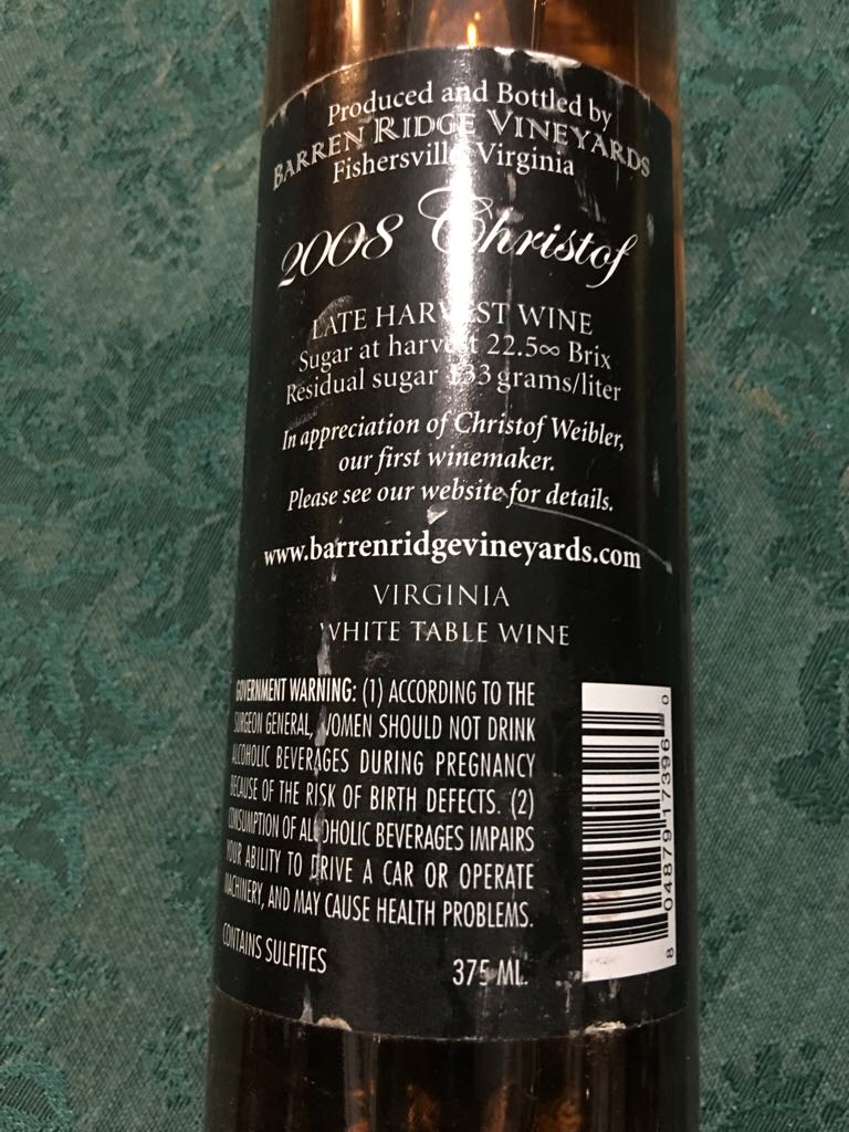Christof - Barren Ridge Vineyards (375 mL) alcohol collectible [Barcode 804879173960] - Main Image 2