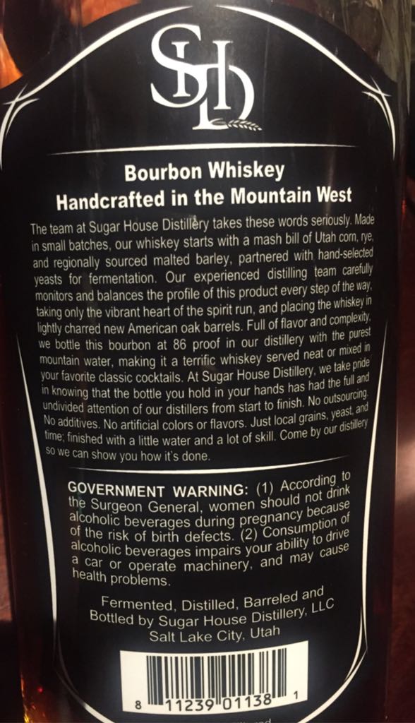 Sugar House Distillery Bourbon Whiskey - Sugar House Distillery (750 mL) alcohol collectible [Barcode 811239011381] - Main Image 2