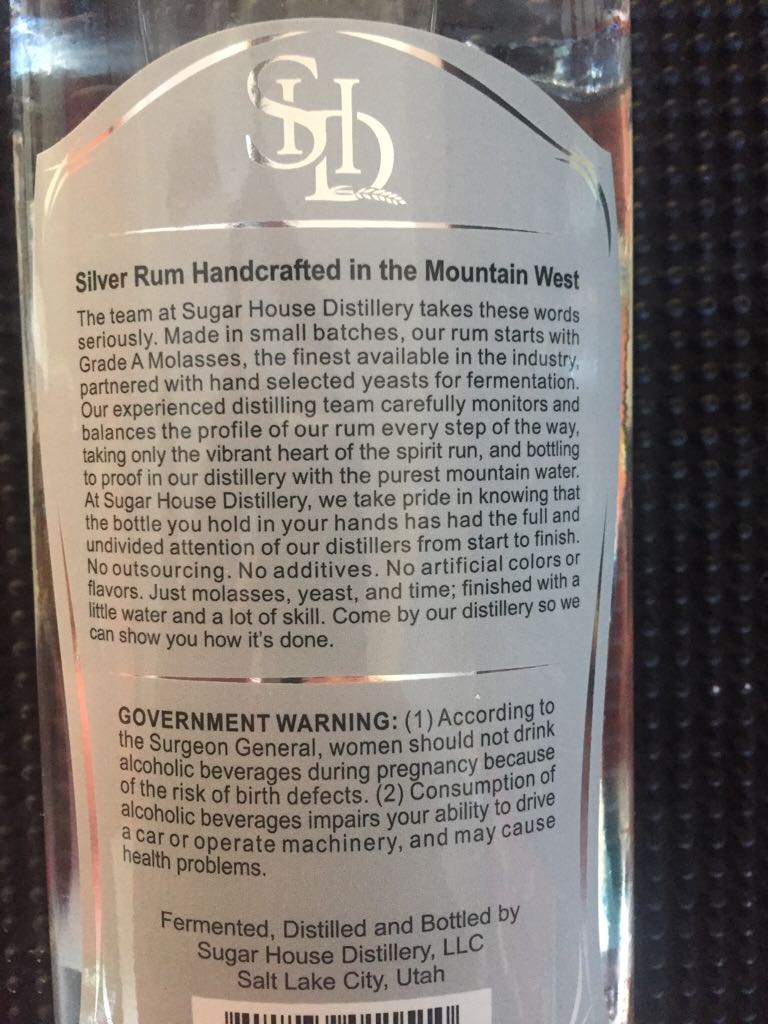 Sugar House Silver Rum - Sugar House Distillery (750 mL) alcohol collectible [Barcode 811239011510] - Main Image 2