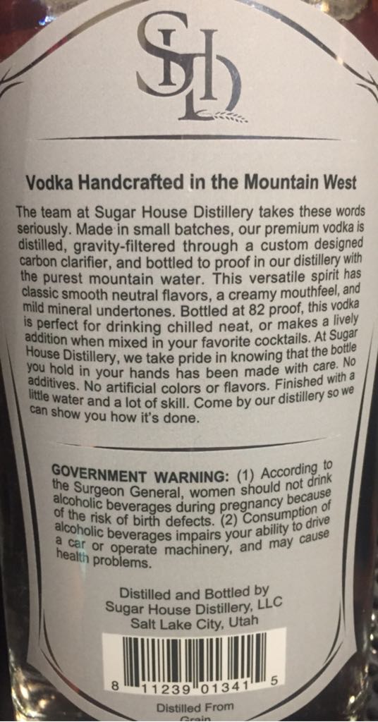 Sugar House Vodka - Sugar House Distillery (750 mL) alcohol collectible [Barcode 811239013415] - Main Image 2
