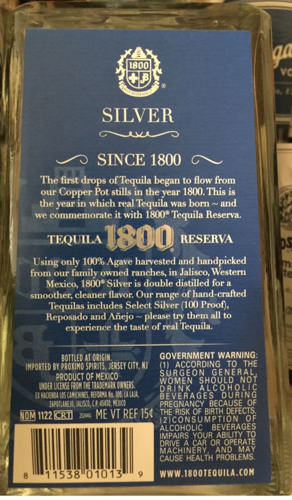 1800 Blanco Tequila - NOM 1122 (750 mL) alcohol collectible [Barcode 811538010139] - Main Image 2