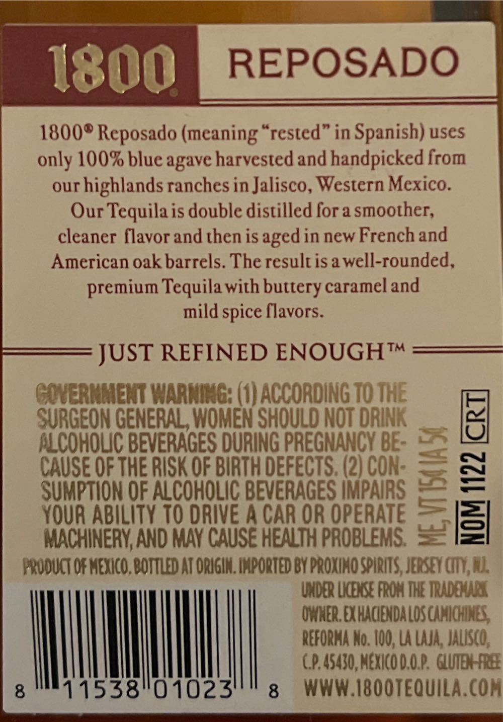 1800 Tequila Reposado - Agavera Camichines, S.A. de C.V. (750 mL) alcohol collectible [Barcode 811538010238] - Main Image 2