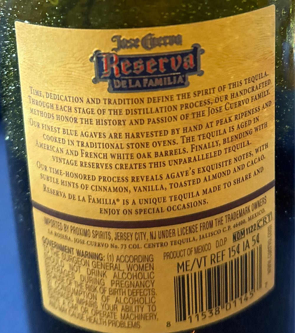 José Cuervo Reserva De La Familia Extra Anejo Tequila - NOM 1122 (750 mL) alcohol collectible [Barcode 811538011457] - Main Image 3
