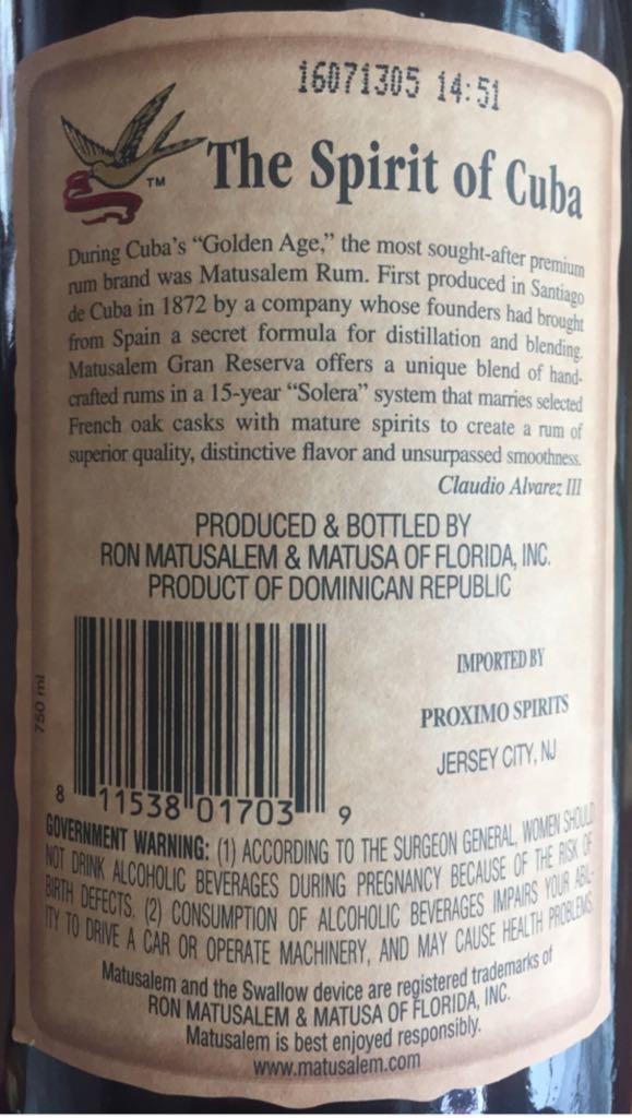 Matusalem Gran Reserva - Cuba (50 mL) alcohol collectible [Barcode 811538017039] - Main Image 2