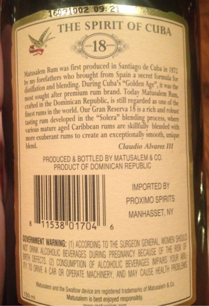 Matusalem Gran Reserva 18Yr Old ⭐️⭐️ - Ron Matusalem (750 mL) alcohol collectible [Barcode 811538017046] - Main Image 2