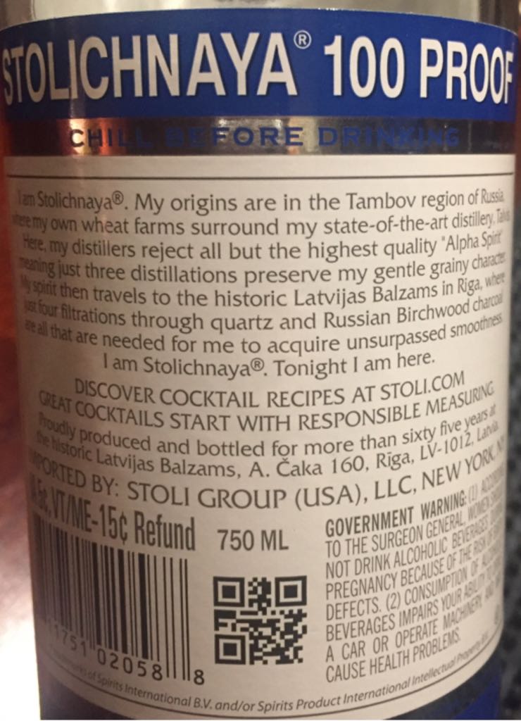 Vodka Stolichnaya 100 - AS Latvijas Balzams (750 mL) alcohol collectible [Barcode 811751020588] - Main Image 2
