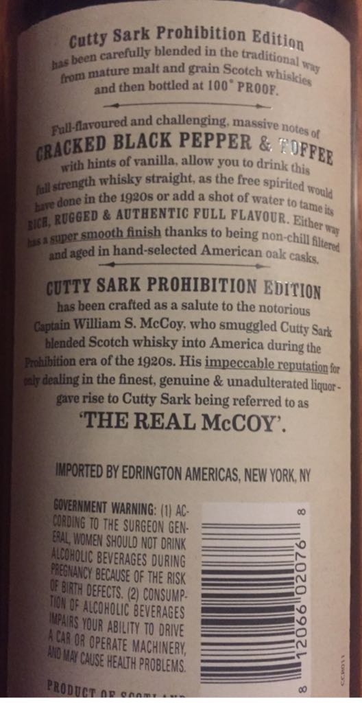 Cutty Sark Prohibition Edition - Cutty Sark (750 mL) alcohol collectible [Barcode 812066020768] - Main Image 2