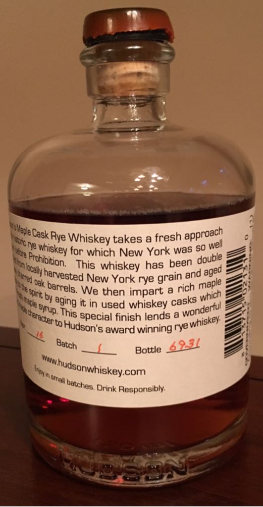 Hudson Maple Cask Rye Whiskey - Tuthilltown Spirits, Gardiner, NY (750 mL) alcohol collectible [Barcode 813715021310] - Main Image 2