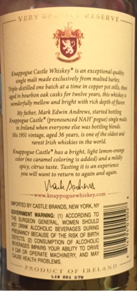 Knappogue Castle 12 Year - Knappogue Castle (750 mL) alcohol collectible [Barcode 814794010028] - Main Image 2