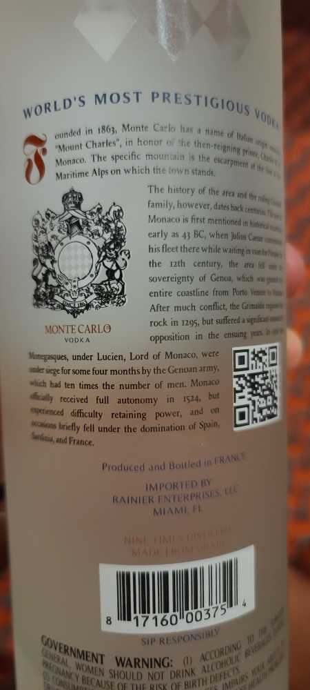 Monte Carlo Vodka - n/a (750 mL) alcohol collectible [Barcode 817160003754] - Main Image 2