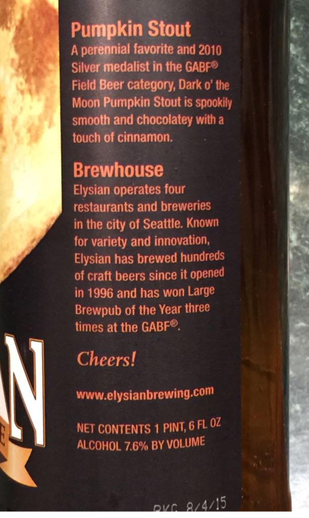 Dark O’ The Moon  - Elysian Brewing (22 fl. oz.) alcohol collectible [Barcode 817904001404] - Main Image 2