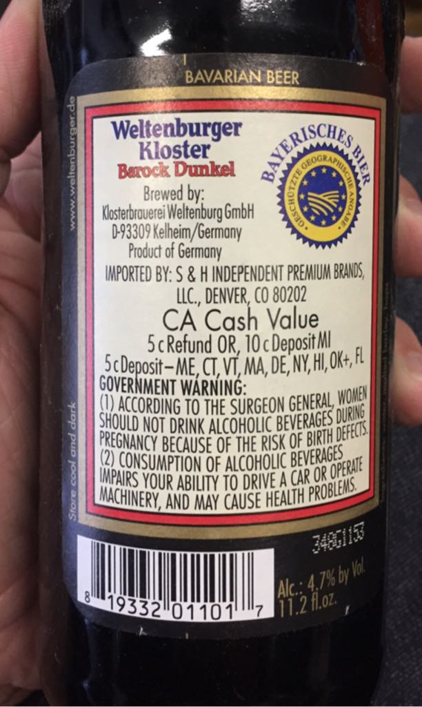Weltenburger Kloster Barock Dunkel - Klosterbrauerei Weltenburg (11.2 fl. oz.) alcohol collectible [Barcode 819332011017] - Main Image 2