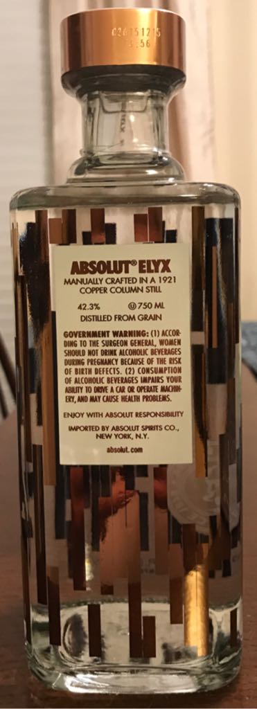 Absolut Elyx - Absolute Vodka (750 mL) alcohol collectible [Barcode 835229000711] - Main Image 2