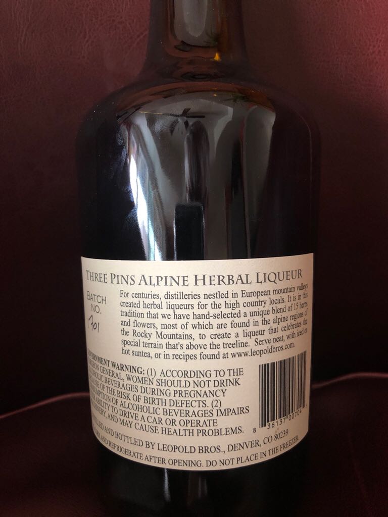 Leopold Brothers Three Pins Alpine Herbal Liqueur  - Leopold Bros (750 mL) alcohol collectible [Barcode 836137007045] - Main Image 2