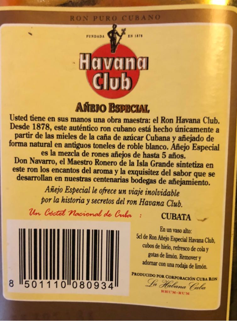 Havana Club Añejo Especial - Havana Club International, S.A. (50 mL) alcohol collectible [Barcode 8501110080934] - Main Image 2