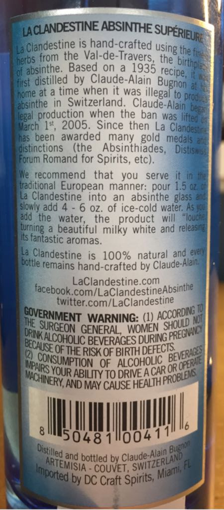 La Clandestine Absinthe  - Claude-alaine Bugnon Artemisia (200 mL) alcohol collectible [Barcode 850481004116] - Main Image 2