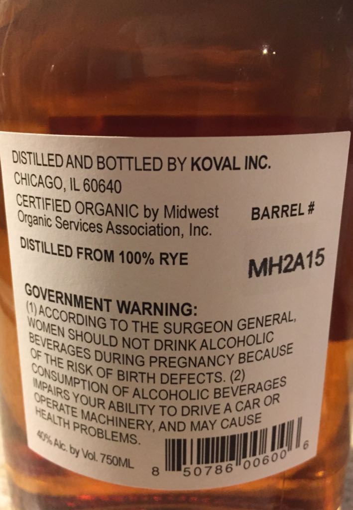 Koval Single Barrel Rye Whiskey - Koval (750mL) alcohol collectible [Barcode 850786006006] - Main Image 2