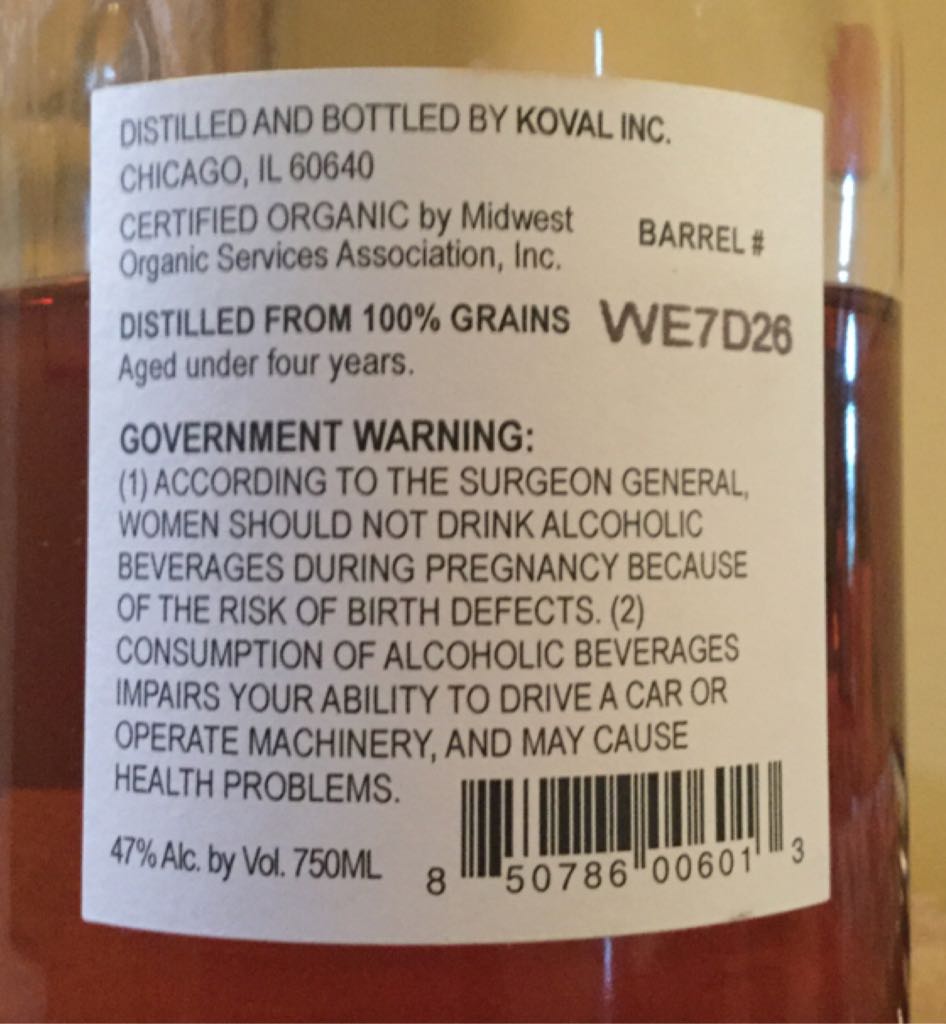 Koval Single Barrel Bourbon - Koval Inc. (750 mL) alcohol collectible [Barcode 850786006013] - Main Image 2