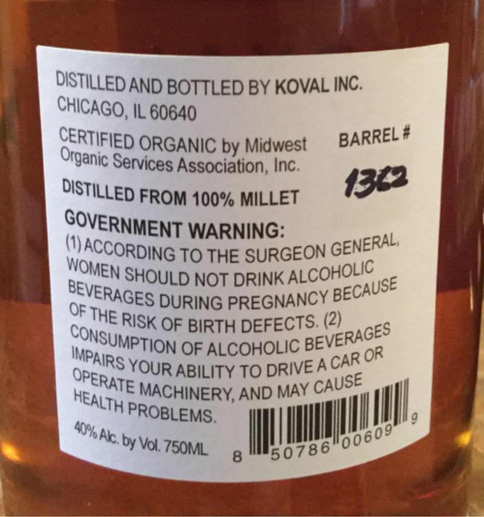 Koval Single Barrel Millet  - Koval (750 mL) alcohol collectible [Barcode 850786006099] - Main Image 2