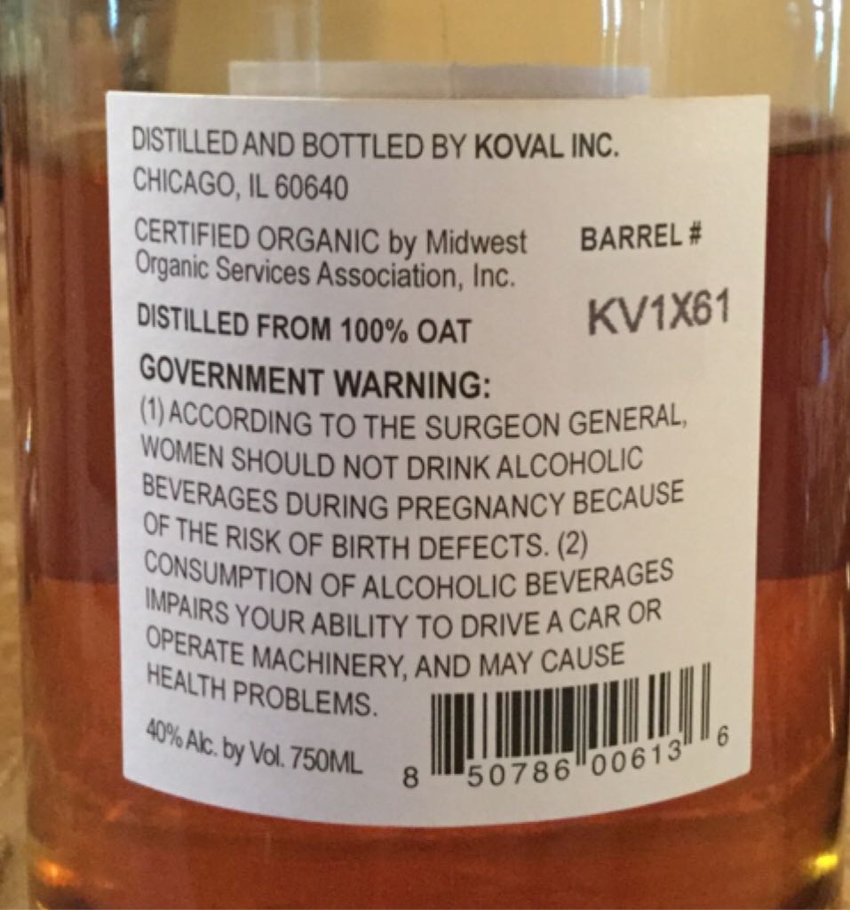 Koval Single Barrel Oat - Koval (750 mL) alcohol collectible [Barcode 850786006136] - Main Image 2