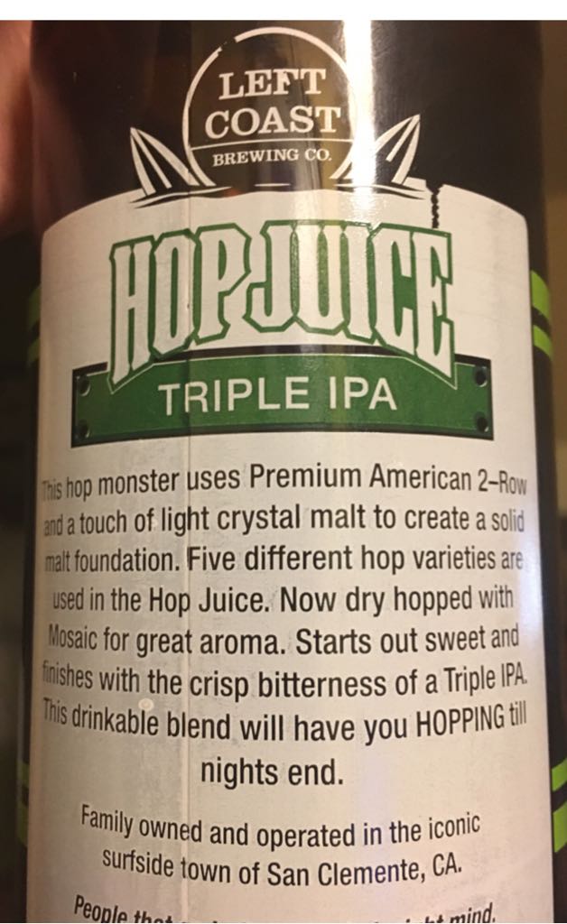 Hop-Juice - Left Coast Brewing Co (22 fl. oz.) alcohol collectible [Barcode 851001004005] - Main Image 2