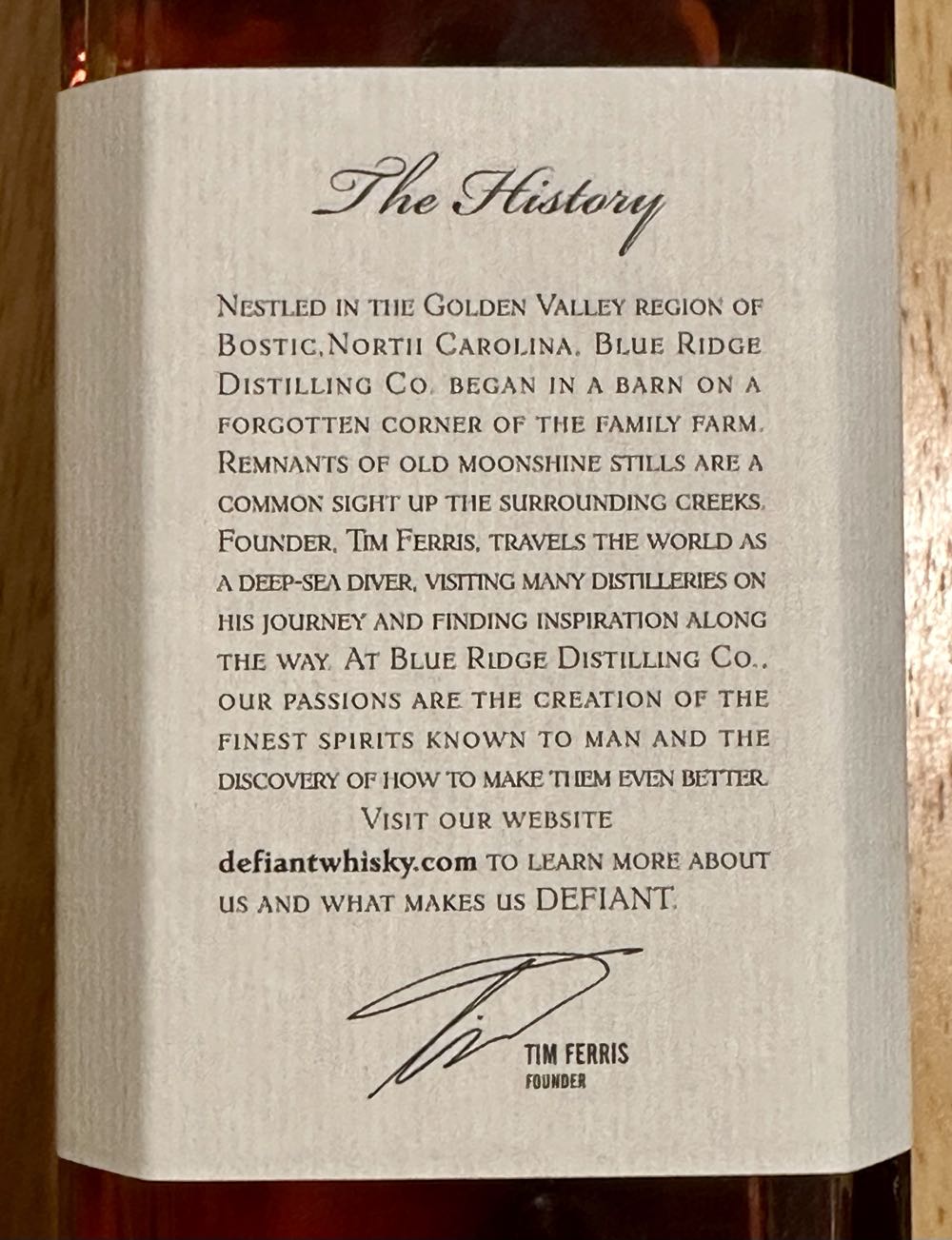 Defiant American Whisky - Blue Ridge Distilling Co. Golden Valley NC alcohol collectible [Barcode 851250004009] - Main Image 3