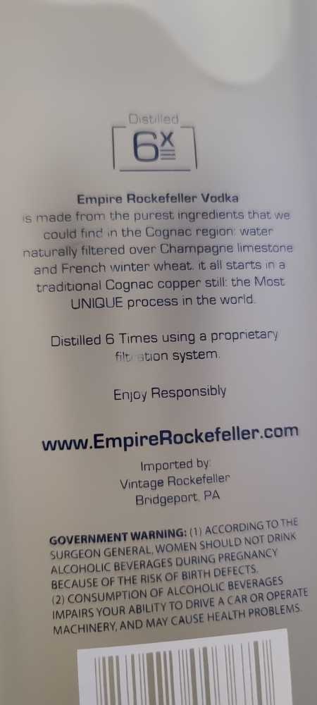 Empire Rockefeller Vodka - n/a (750 mL) alcohol collectible [Barcode 851675003670] - Main Image 2