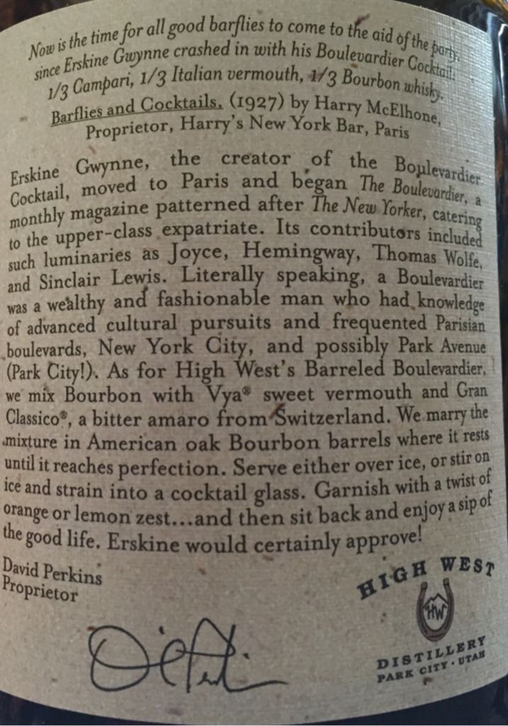 The Barreled Boulevardier - (Bottled At) High West Distillery (750 mL) alcohol collectible [Barcode 854396005152] - Main Image 2