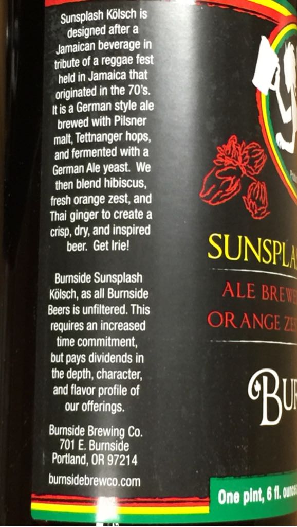 Sunsplash Kolsch  - Burnside Brewing Co (22 fl. oz.) alcohol collectible [Barcode 855788003008] - Main Image 2