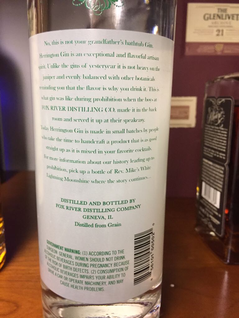 Herrington Geneva’s Gin - Fox River Distilling Co., Geneva, IL (750 mL) alcohol collectible [Barcode 856101005020] - Main Image 2