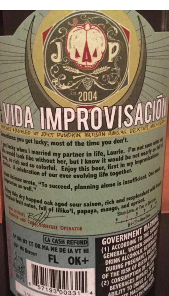 Vida Inprovisacion  - Jolly Pumpkin Artesian Ales (650 mL) alcohol collectible [Barcode 857193003314] - Main Image 2