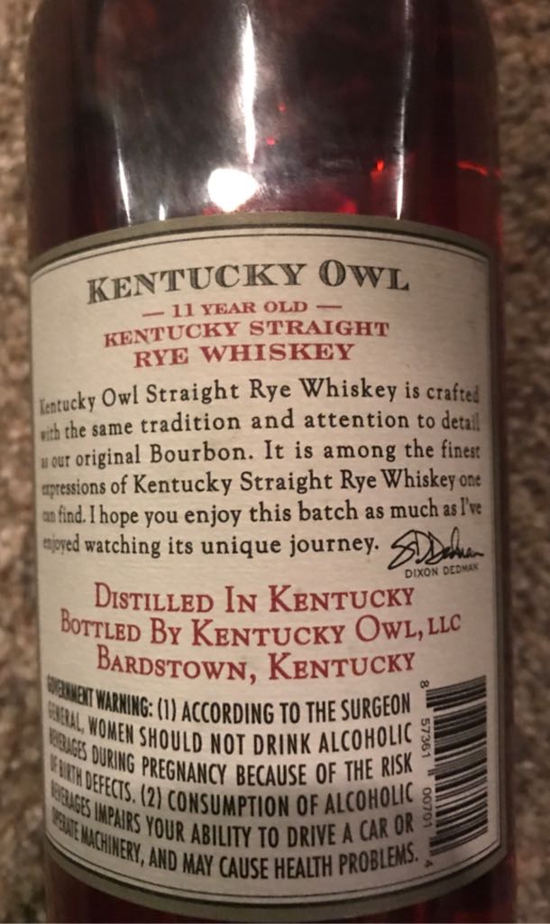Kentucky Owl Rye Batch 1 - Kentucky Owl (750mL) alcohol collectible [Barcode 857361007014] - Main Image 2