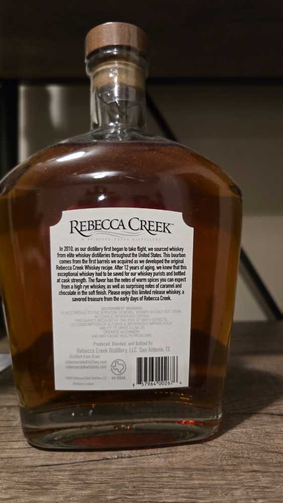 Rebecca Creek Straight Bourbon Whiskey 12 Year - Rebecca Creek Distillery, LLC (750 mL) alcohol collectible [Barcode 857964002041] - Main Image 2