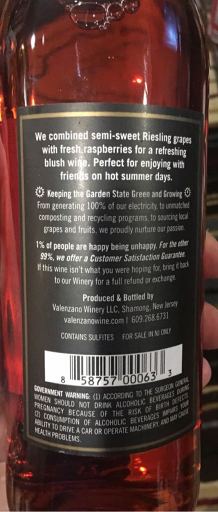 Valenzano Harmony: Raspberry Riesling - Valenzano Winery, Shamong, NJ (750 mL) alcohol collectible [Barcode 858757000633] - Main Image 2