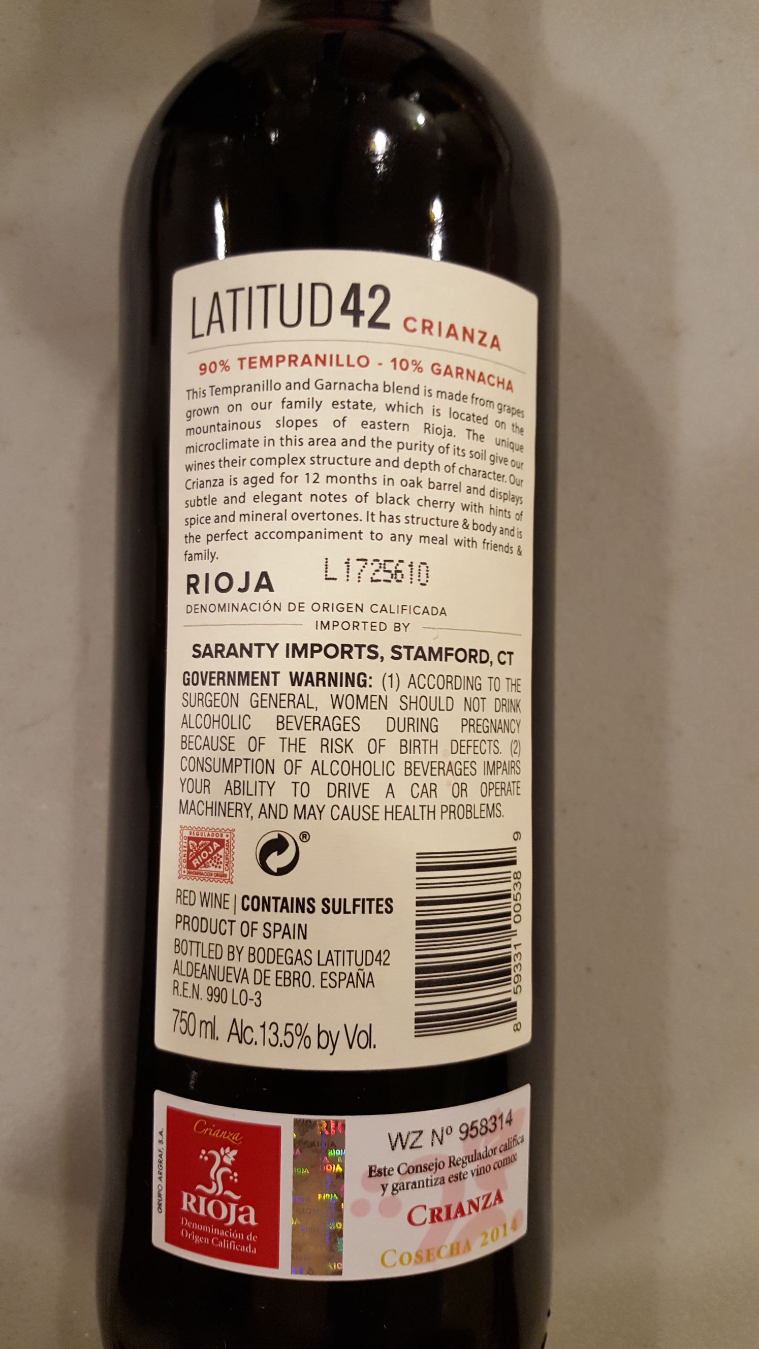 Crianza - Bodegas Latitud 42 alcohol collectible [Barcode 859331005389] - Main Image 2