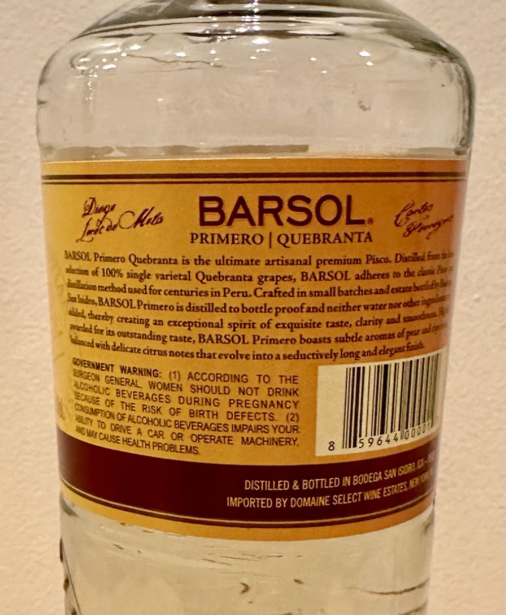 Barsol Pisco - Bodega San Isidro (750 mL) alcohol collectible [Barcode 859644000019] - Main Image 2
