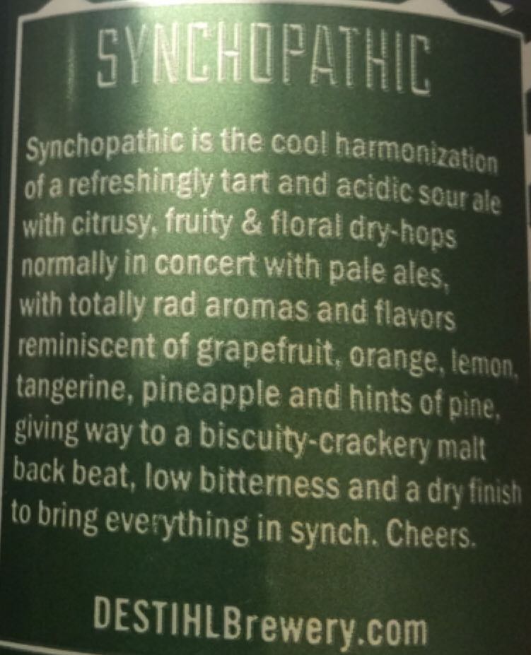 Synchopathic - Destihl Brewery (12 fl. oz.) alcohol collectible [Barcode 859708002171] - Main Image 2