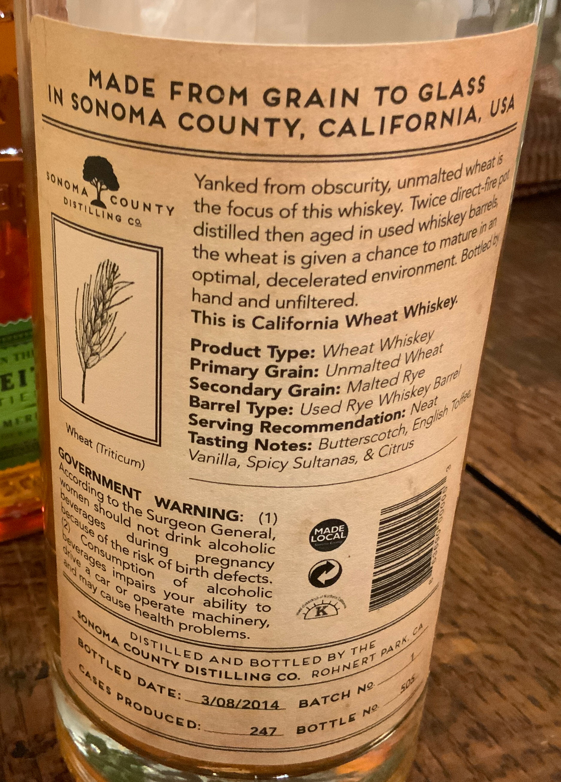 2nd Chance Wheat Whiskey - Sonoma County Distilling Co. alcohol collectible [Barcode 863690000053] - Main Image 2