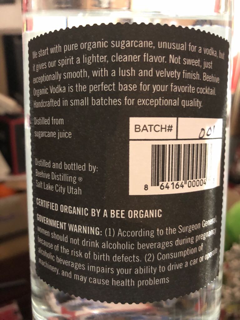 Beehive Organic Vodka - Beehive Distilling (1L) alcohol collectible [Barcode 864164000043] - Main Image 2