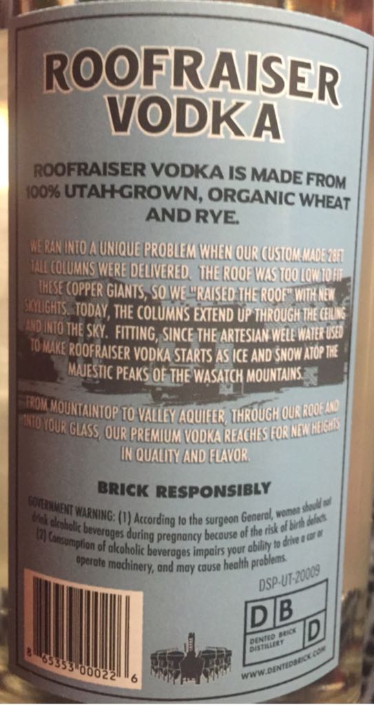 Roofraiser Vodka - Dented Brick Distillery (750 mL) alcohol collectible [Barcode 865353000226] - Main Image 2