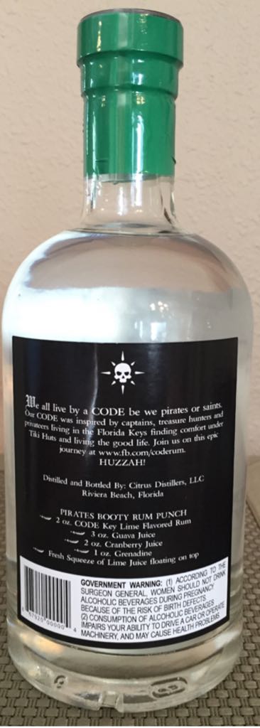 Code Rum Key Lime - Citrus Distillers LLC (750 mL) alcohol collectible [Barcode 867920000004] - Main Image 2
