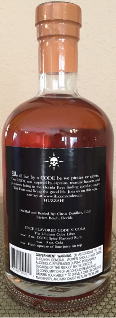 Code Rum Spiced  - Citrus Distillers LLC (750 mL) alcohol collectible [Barcode 867920000011] - Main Image 2