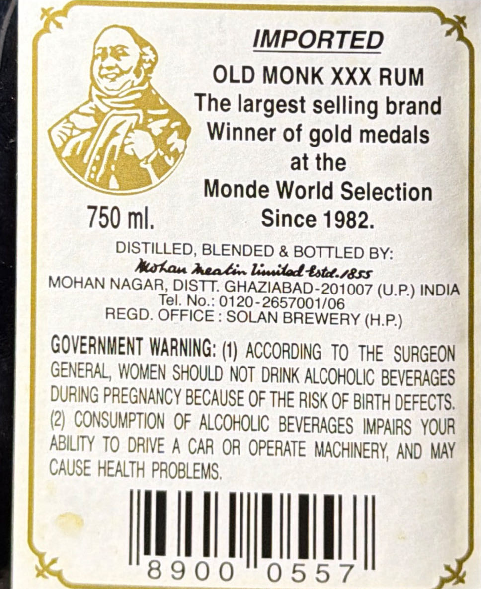 Old Monk 7 Year Rum - Mohan Meakin Limited (750 mL) alcohol collectible [Barcode 89000557] - Main Image 2