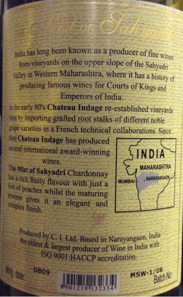 Chateau Indage - C.I Ltd (750 mL) alcohol collectible [Barcode 8901219132334] - Main Image 2