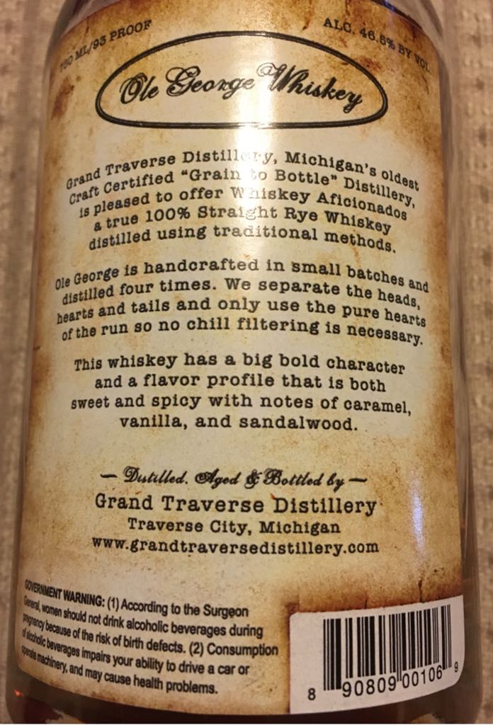 Ole George Whiskey  - Grand Traverse Distillery (750 mL) alcohol collectible [Barcode 890809001069] - Main Image 2