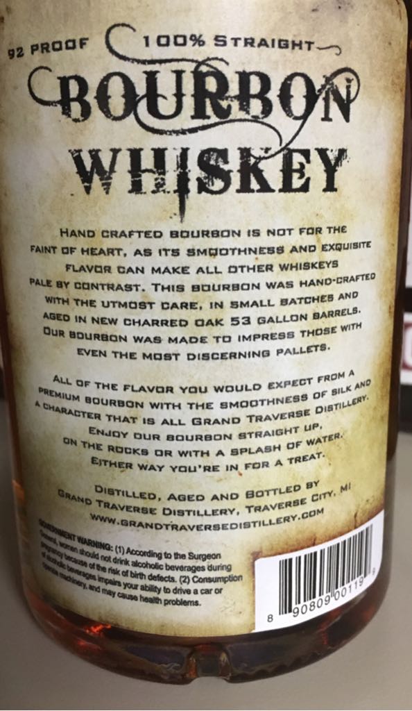 100% Straight Bourbon Whiskey  - Grand Traverse Distillery (750 mL) alcohol collectible [Barcode 890809001199] - Main Image 2