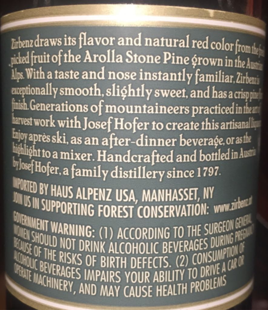 Zirbenz  - Josef Hofer, Steiermark alcohol collectible [Barcode 9006794120000] - Main Image 2