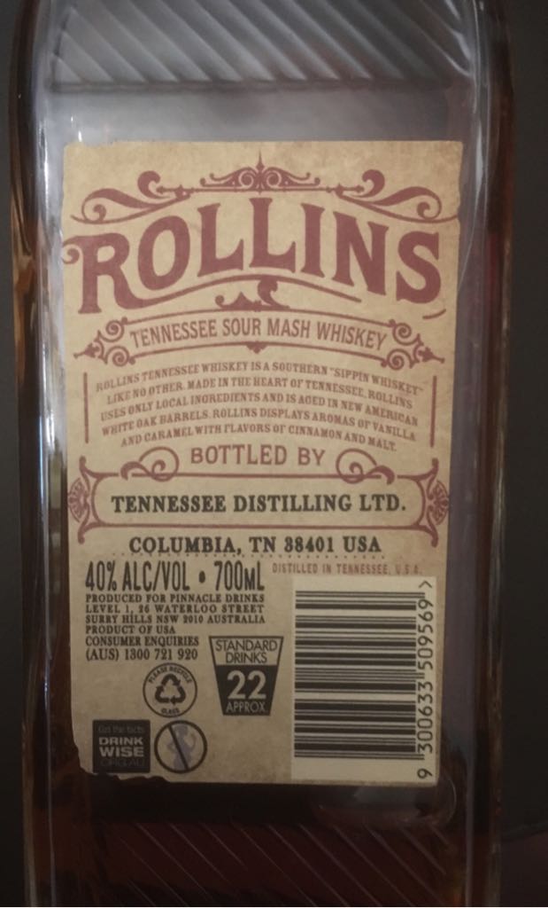 Rollins Tennessee Sour Mash Whiskey - Tennessee Distilling (700 mL) alcohol collectible [Barcode 9300633509569] - Main Image 2