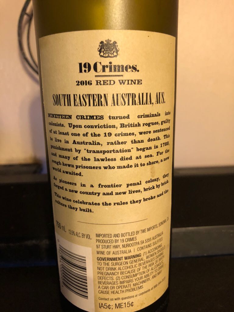 19 Crimes  - Baileys Of Glenrowan (750 mL) alcohol collectible [Barcode 9311220003759] - Main Image 2